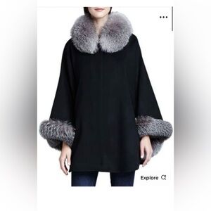 Sofia Cashmere & wool Black Poncho with Gray real Fox Fur Trim